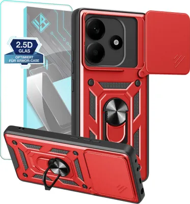 A red and black phone case with a screen protector.