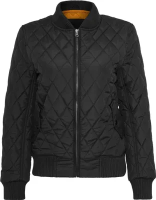 A studio shot of a black quilted bomber jacket.