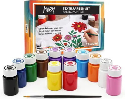 Produktbild von Textilfarben Set 12 Farben x 25 ml, mit Pinsel, waschbar, für T-Shirts