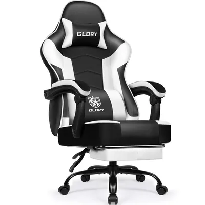 Zdjęcie produktu dla Krzesło gamingowe Aiibot – krzesło biurowe, krzesło do biurka, ergonomiczne krzesło gamingowe z podnóżkiem i podparciem lędźwiowym, funkcja odchylania 90°–170°, białe
