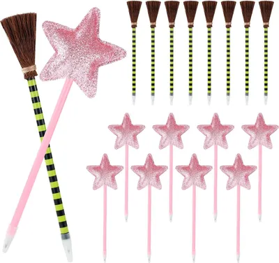 Produktbild von Prinzessinnen- und Hexenparty-Geschenke - Rosa Prinzessinnen-Sternkugelschreiber und Grün-Schwarz Gestreifte Hexenbesenkugelschreiber (16 Stück)