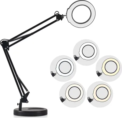 Image de Lampe de table à pince flexible avec loupe 5x Bras pivotant Lampe de bureau LED dimmable 5 modes de couleur et 5 niveaux de luminosité Lampe de lecture, de travail et d'étude