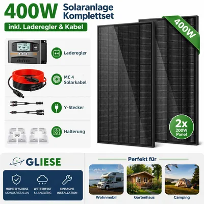 Produktbild von 400W Balkonkraftwerk Komplettset (2×200W) – TOPCon Solarmodule mit 25% Wirkungsgrad, ETFE Oberfläche, inkl. Laderegler, Kabel & Halterung