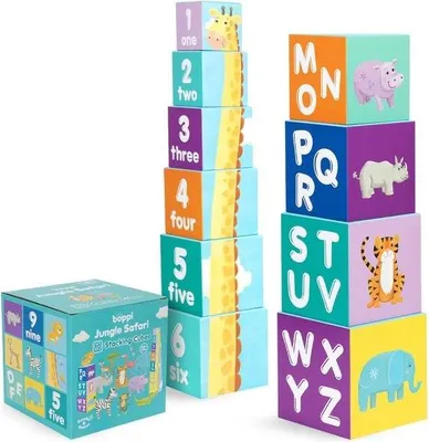 Produktbild von boppi Stapelwürfel Spielzeug mit Dschungeltiere Buchstaben Zahlen, Montessori Würfel Stapelspielzeug ab 1 Jahr Stapelturm als Motorikspielzeug
