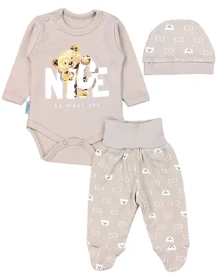 Productafbeelding van TupTam babykleding set voor meisjes en jongens, bestaande uit een langarmbody, een broek en een muts met opdruk, 3-delig, kleur: beertje beige, maat: 74