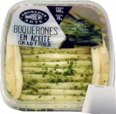 Produktbild von Ahumados Arte Sardellenfilet in Öl, Knoblauch und Petersilie (140g Schale) + usy Block