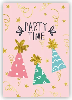Produktbild von 4x Lustige rosa Einladungskarte zur Party, Geburtagsfeier mit Party Hüten: party time