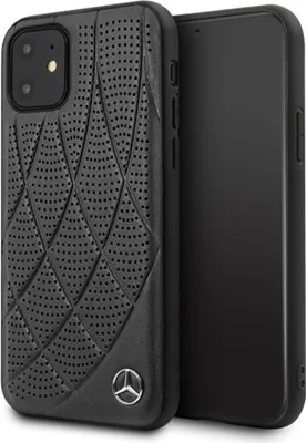 A black iPhone 12 mini case with a diamond pattern and perforated texture, featuring a Mercedes-Benz logo at the bottom.