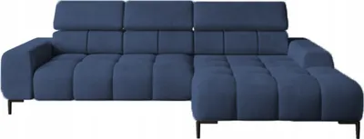 A blue sectional sofa is shown from a front-side angle against a white background.