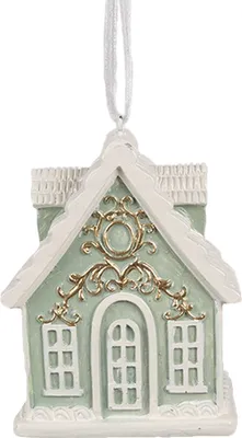 Produktbild von Clayre & Eef Weihnachtsanhänger Lebkuchenhaus 6x4x8 cm Grün Polyresin