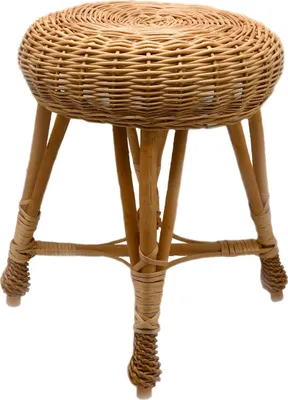 A close-up studio shot of a woven stool.