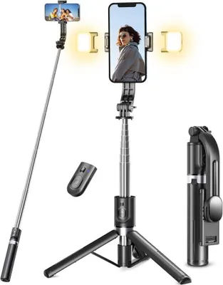 Produktbild von Selfie-Stick-Stativ mit 2 Fülllichtern, extra langes 45-Zoll-Stativ mit abnehmbarer Fernbedienung, kompatibel mit iPhone, Samsung, Smartphones