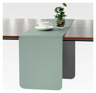 Produktbild von Tischläufer Modern Abwaschbar für Outdoor Nutzung, Doppelseitig, Kunstleder, Wasserdicht, Rutschfest, 30 X 140 cm (Grau Salbeigrün)