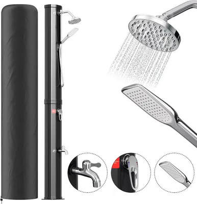 Image de Douche solaire Yakimz jusqu'à 60°C Température réglable Pour l'extérieur Pression maximale 3,5 bar Matériel de montage inclus Pomme de douche pivotante 40L Avec douchette Avec housse de protection noir
