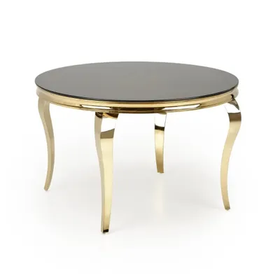 A round coffee table with a black glass top and gold legs, presented on a white background.