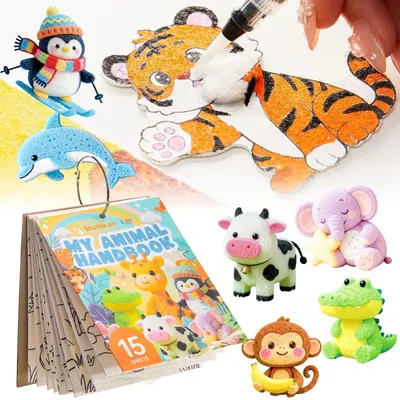 Obrázek produktu pro Sada 3D barev "Magic Puffy" – série "Zvířata" pro děti | Sada pro malování pěnou, obsahující 15 listů papíru pro malování, 12 akrylových fixů, knihu s obrázky a kreativní sadu, vhodná pro děti od 6 let