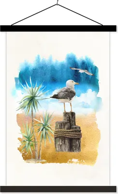 Produktbild von MuchoWow® Textilposter Vogel - Baum - Strand - Aquarell 40x60 cm mit schwarzem Rahmen - Wanddekorationen