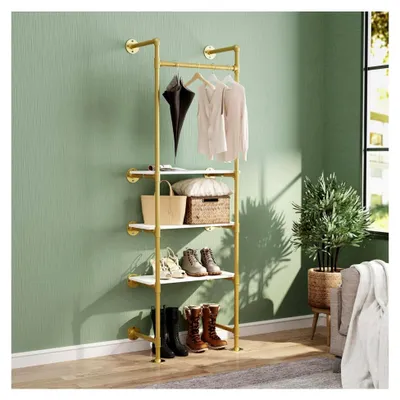 Produktbild von Wandgarderobe mit 3 verstellbaren Ablagen im Industriestil, Kleiderstange für Schlafzimmer und Wohnzimmer, Gold