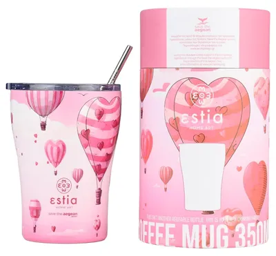 Produktbild von Estia Isolierbecher mit Strohhalm Trinkbecher 500 ml Thermobecher rosa rot Herzen