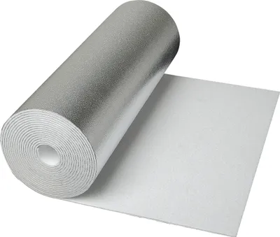 A roll of silver-backed insulation material is partially unrolled on a white background.