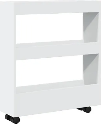 A white, narrow storage cart with three shelves and black wheels.