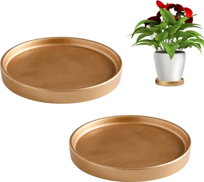 Zdjęcie produktu dla Okrągła ceramiczna podstawka pod doniczkę o średnicy 11,5 cm, zestaw 2 sztuk do małych doniczek, do domu, ogrodu, na zewnątrz, doniczka, złote podstawki,