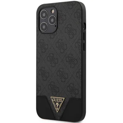 A side view of a gray and black iPhone 12 Pro Max case with a repeating Guess logo pattern.