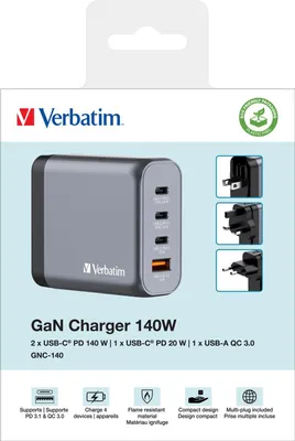 Produktbild von Verbatim GNC-140 GaN Charg. 140W 3xUSB-C PD, 1xUSB-A QC 3.0 32203