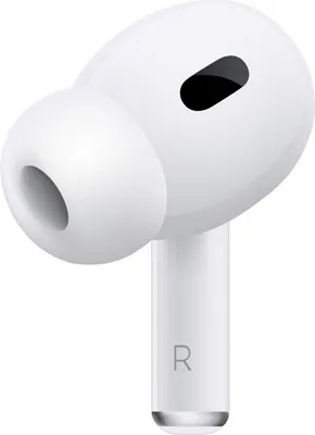 A close-up studio shot of a single white Apple AirPod Pro (2nd generation) earbud.