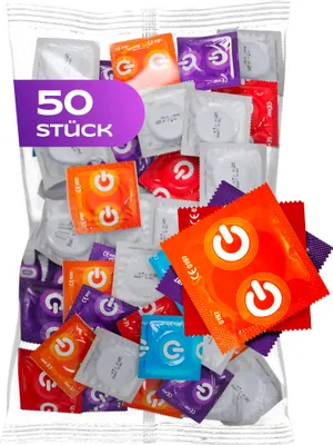 Obrázok produktu pre ON) Kondómy Mix I 50 ks balenie I Prémiové kondómy 7 rôznych druhov a veľkostí so šírkou 54 mm I 10x extra tenké, prírodné a s výstupkami I 5x extra silné, s vôňou jahody, banánu, čokolády