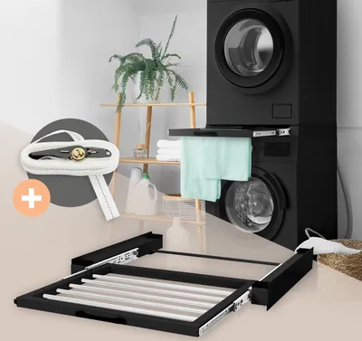 Obrázok produktu pre ML-Design medziinštalačný rám so šnúrou na bielizeň, oceľový 60,5x54,5 cm čierny, spojovací rám práčky a sušičky, medziinštalačná súprava s výsuvnou šnúrou na bielizeň