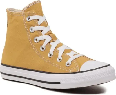 A single yellow high-top Converse sneaker is shown against a white background.