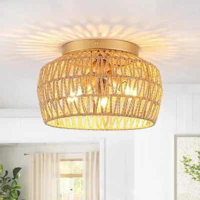 Produktbild von Unyqoos® Deckenleuchte mit handgewebtem Rattan-Lampenschirm – Boho-Design, warmes Licht für Schlafzimmer, Wohnzimmer, Küche & Flur, 3× E27, dimmbar