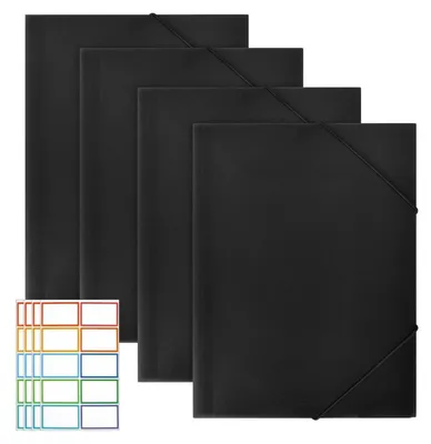 Immagine prodotto di 4 raccoglitori ad angolo in plastica nera, formato A4, con elastico