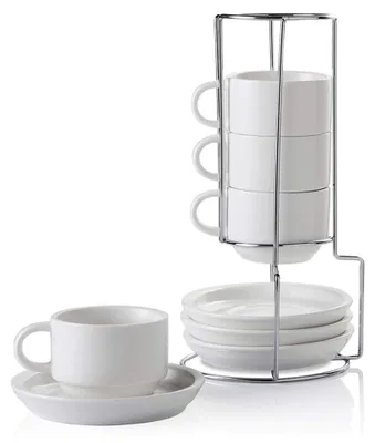 Produktbild von Porzellan Cappuccino Tassen mit Untertassen und Metallständer, stapelbare Espressotassen für Kaffeegetränke, Latte, Americano, Tee, Set von 4 (weiß, 120ml)