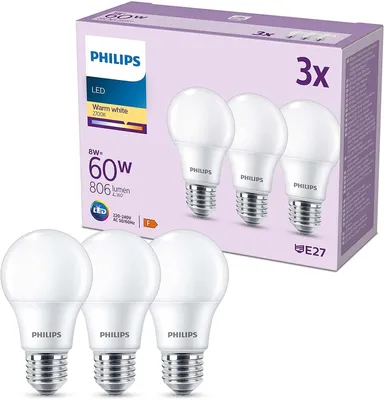 Produktbild von Philips Lampe 60W A60 E27 x3, 8 W, 60 W, E27, 806 lm, 15000 h, Warmweiß