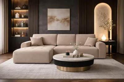 Image de Canapé d'angle  avec fonction couchage et coffre de rangement, forme en L, Ivo XL, tissu velours Salvador, beige, gauche