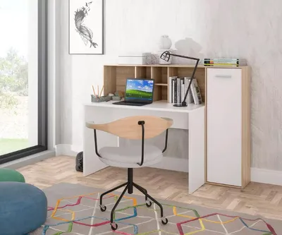 Arbeitstisch Schreibtisch ERIADU mit Artisan Eiche Tischplatte und weißem Untergestell, Gesamtansicht im Kinderzimmer.