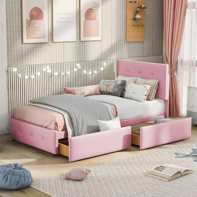 Produktbild von Fortuna Lai Polsterbett Einzelbett mit 2 Schublade, Bett mit Lattenrost und Rückenlehne, Samtstoff, Kinderbett Jugendbett Gästebett, Stauraumbett, Schlafzimmermöbel, ohne Matratze, 90 x 200 cm, Rosa