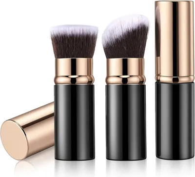 Image de Ensemble de pinceaux de maquillage, 3 pièces : pinceau Kabuki, idéal pour les voyages, poils en nylon doux, manche en aluminium