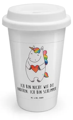Produktbild von Mr. & Mrs. Panda Thermobecher Einhorn Herz - Weiß - Geschenk, Unicorn, Einhörner, ToGo Kaffeebecher, To Go, Lustig, Keramikbecher, Witzig, Coffee Becher