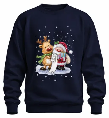 Imagen del producto de Santa Claus, Rúdolfo, reno, nieve - Navidad, regalo de Navidad, suéter navideño uni, color azul marino, talla XXL