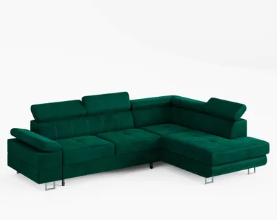 Image de Canapé d'angle CAROLINE, version droite, tissu velours vert foncé, avec fonction couchage et coffre de rangement