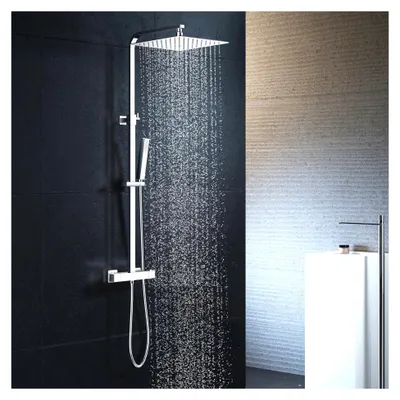 Produktbild von Duscharmatur mit Thermostat, Komplettset (Duschsystem - 25 X 25 CM Kopfbrause aus Edelstahl 304 - Duschkopf mit Schlauch und Halterung) Eckige Regendusche mit Armatur, Chrom
