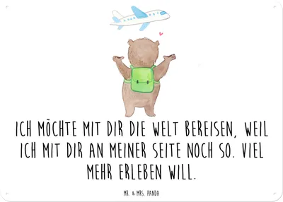 Produktbild von Mr. & Mrs. Panda Metallschild Bär Flugzeug DIN A6 - Weiß - Geschenk, Türschild, tafel, Freund, Blechschild, für Partner, Wandbild, Vintage, Freundin, Hochzeitstag, Frauen
