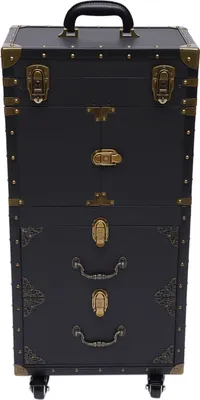 A black rolling trolley with gold hardware, shown against a white background.