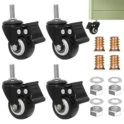 Image de Ensemble de 4 roulettes pour meubles - Roulettes pivotantes avec frein - Roulettes à filetage M10 - Roulettes de 50 mm - Capacité de charge de 210 kg - Robustes et résistantes à l'usure
