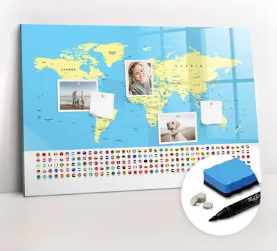 Produktbild von Magnetpinnwand Memoboard - Zubehörsatz - Schwarzer Marker + Schwamm + Magnete - 90 x 60 cm - Klassische Weltkarte