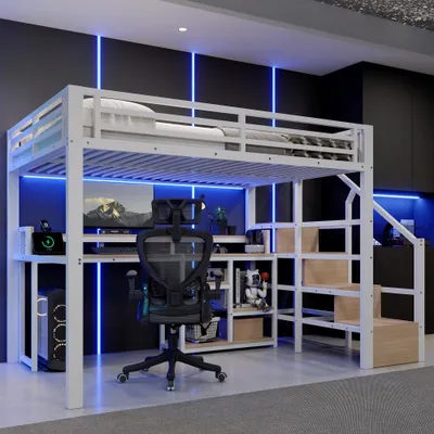 Produktbild von Hochbett, 140 x 200 cm, Metallbettgestell, Leiterschrank, Ablagefach, USB + Typ-C, LED-Lichtleiste, Ohne Matratze, Weiß