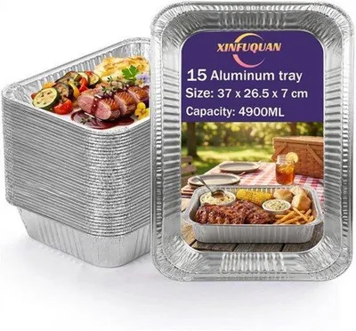 Productafbeelding van 15 stuks aluminium grillschalen, groot, 4900 ml, aluminium grillschalen, 37 x 26,5 x 7 cm, voor barbecue, koken, grillen, keuken, restauratie, grillschaal